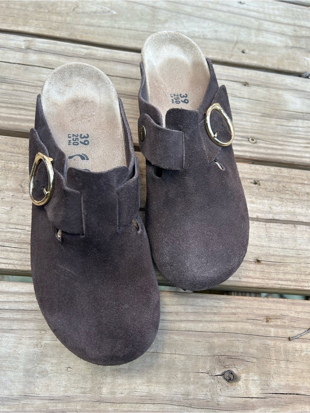 Birkenstock Papillio Fanny Suede Wedge Brown Clogs with Big Gold Buckle -